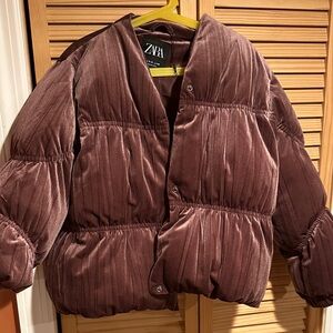 Zara Women's Velvet Puffer Jacket - Deep Brown